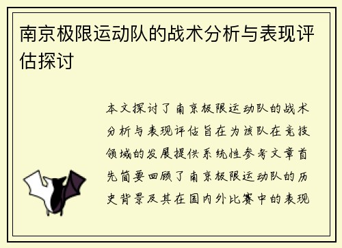 南京极限运动队的战术分析与表现评估探讨