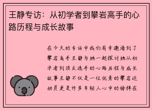 王静专访：从初学者到攀岩高手的心路历程与成长故事