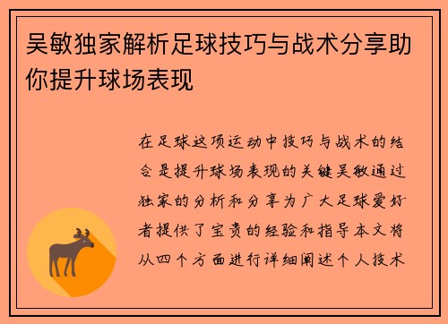 吴敏独家解析足球技巧与战术分享助你提升球场表现