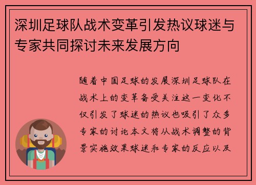 深圳足球队战术变革引发热议球迷与专家共同探讨未来发展方向