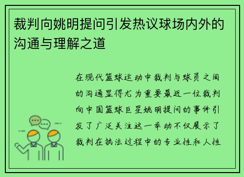 裁判向姚明提问引发热议球场内外的沟通与理解之道