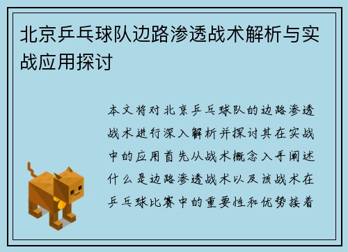 北京乒乓球队边路渗透战术解析与实战应用探讨