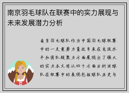 南京羽毛球队在联赛中的实力展现与未来发展潜力分析