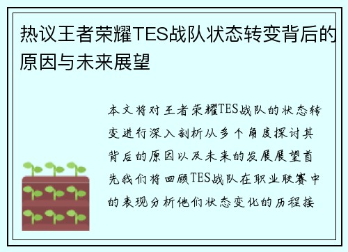 热议王者荣耀TES战队状态转变背后的原因与未来展望