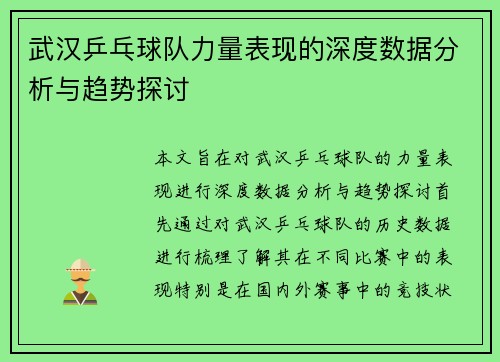 武汉乒乓球队力量表现的深度数据分析与趋势探讨