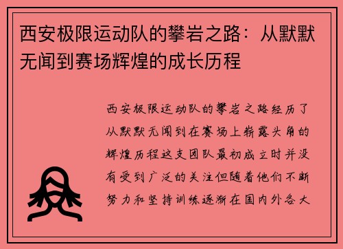 西安极限运动队的攀岩之路：从默默无闻到赛场辉煌的成长历程