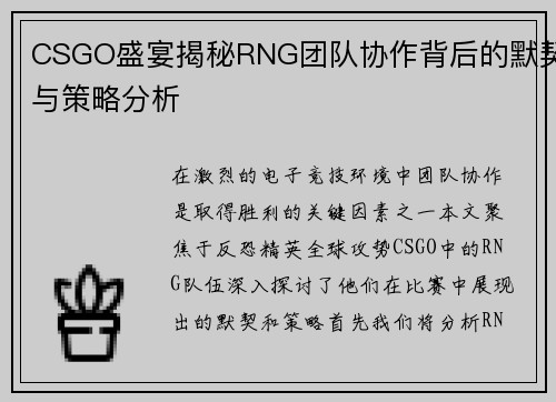 CSGO盛宴揭秘RNG团队协作背后的默契与策略分析