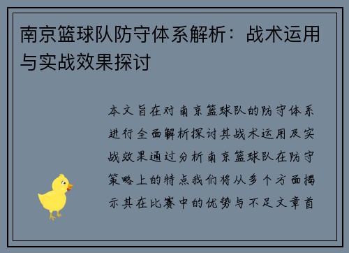南京篮球队防守体系解析：战术运用与实战效果探讨
